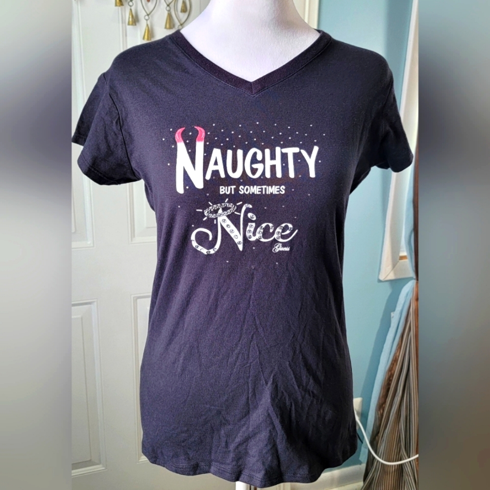 Vintage Y2K Guess Babydoll Tee Women's XL Black Graphic Print 100% Cotton